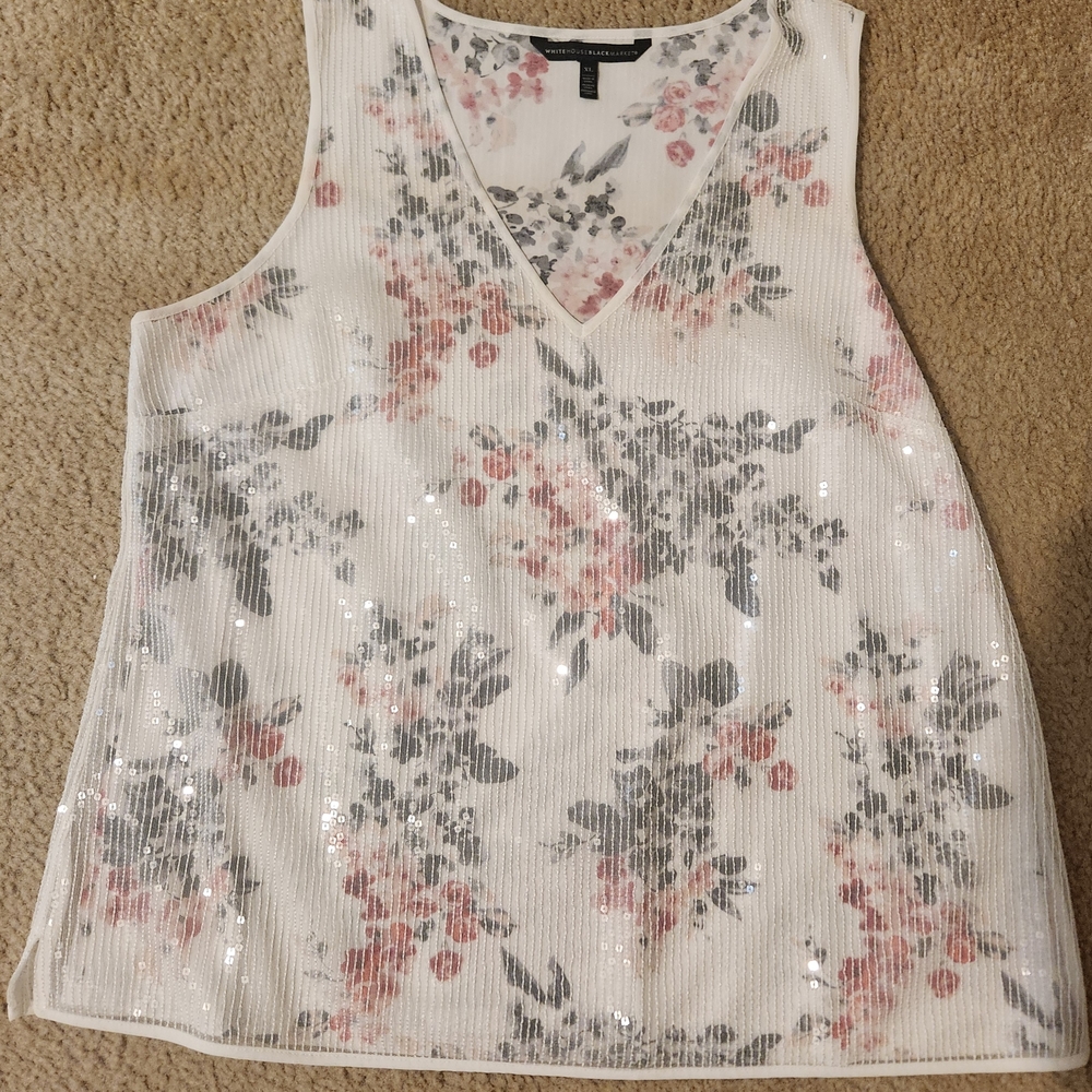 White House Black Market Floral Sequin Tank Top - White, Pink, Gray